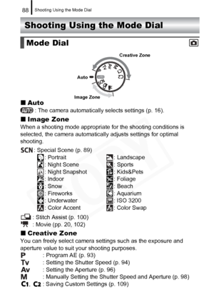 Page 90
Shooting Using the Mode Dial88
Shooting Using the Mode Dial
„Auto
: The camera automatically selects settings (p. 16).
„Image Zone
When a shooting mode appropriate  for the shooting conditions is 
selected, the camera automatical ly adjusts settings for optimal 
shooting.
: Special Scene (p. 89): Portrait : Landscape
: Night Scene : Sports
: Night Snapshot : Kids&Pets
: Indoor : Foliage
: Snow : Beach
: Fireworks : Aquarium
: Underwater : ISO 3200
: Color Accent : Color Swap
: Stitch Assist (p. 100)
:...