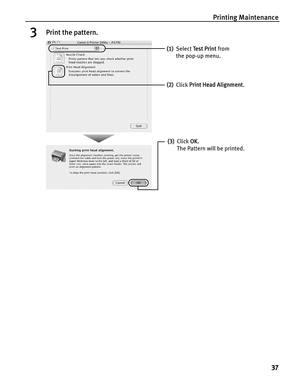 Page 41Printing Maintenance
37
3Print the pattern.
(1)Select Te s t  P r i n t from 
the pop-up menu.
(2)Click Print Head Alignment.
(3)Click OK.
The Pattern will be printed. 