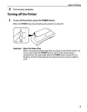 Page 7Basic Printing
3
2Turn on your computer.
Turning off the Printer
1To turn off the printer, press the POWER button.
When the POWER lamp stops flashing, the printer is turned off.
Important About the Power Plug
When removing the power plug after you have turned off the printer, be 
sure to check that the POWER lamp is not lit. If the power plug is 
removed from the wall outlet when the POWER lamp remains lit or is 
flashing, the Print Head will not be protected and it may be unable to 
print. 