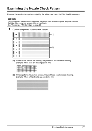 Page 2117
Routine Maintenance
Examining the Nozzle Check Pattern
Examine the nozzle check pattern output by the  printer, and clean the Print Head if necessary.
1Confirm the printed nozzle check pattern.
(1)If lines of this pattern are missing, the print head nozzle needs cleaning.
Example: When lines are missing (Black ink)
(2) If these patterns have white streaks, the print head nozzle needs cleaning.
Example: When white streaks appear (Color ink)
Note
The nozzle check pattern will not be printed correctly if...