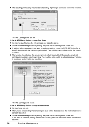 Page 3228Routine Maintenance
zThe resulting print quality may not be satisfactory, if printing is continued under this condition.
*1 FINE Cartridge with low ink
If the ALARM lamp flashes orange four times
zInk has run out. Replace the ink cartridge and close the cover.
zClick Cancel Printing to cancel printing. Replace the ink cartridge with a new one.
zIf printing is in progress and you want to continue printing, press the RESUME button for at 
least 5 seconds with the ink cartridge installed. Then printing...