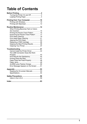 Page 5Table of Contents
1
Before Printing................................................ 2Turning the Printer On and Off ....................... 2
Loading Printing Paper ................................... 4
Printing from Your Computer ...................... 10Printing with Windows................................... 10
Printing with Macintosh ................................. 12
Routine Maintenance ................................... 14When Printing Becomes Faint or Colors 
Are Incorrect...