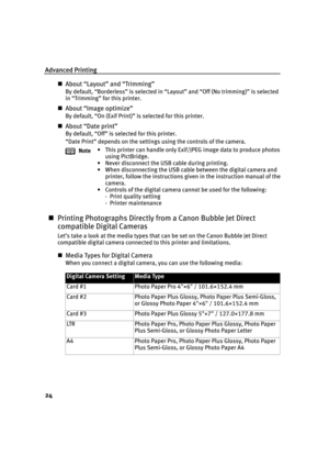 Page 28Advanced Printing
24
„About “Layout” and “Trimming”
By default, “Borderless” is selected in “Layout” and “Off (No trimming)” is selected 
in “Trimming” for this printer.
„About “Image optimize”
By default, “On (Exif Print)” is selected for this printer.
„About “Date print”
By default, “Off” is selected for this printer.
“Date Print” depends on the settings using the controls of the camera.
„Printing Photographs Directly from a Canon Bubble Jet Direct 
compatible Digital Cameras
Let’s take a look at the...