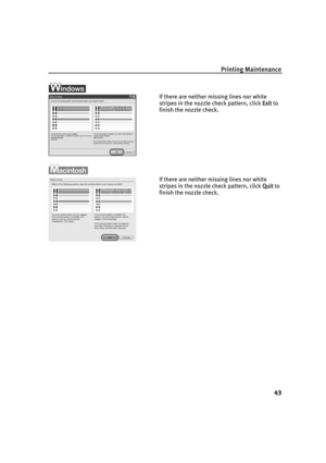 Page 47Printing Maintenance
43
If there are neither missing lines nor white 
stripes in the nozzle check pattern, click E
Exit to 
finish the nozzle check.
If there are neither missing lines nor white 
stripes in the nozzle check pattern, click Q
Quit to 
finish the nozzle check.
QSG_Printing_Nozzle_Check.fm  Page 43  Wednesday, May 19, 2004  5:34 PM 