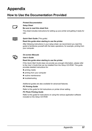 Page 6157 Appendix
Appendix
How to Use the Documentation Provided
Printed Documentation
Setup Sheet
Be sure to read this sheet first.
This sheet includes instructions for setting up your printer and getting it ready for 
use.
Quick Start Guide (This guide)
Read this guide when starting to use the printer.
After following instructions in your setup sheet, we recommend you read this 
guide to familiarize yourself with the basic operations, for example, printing from 
your computer.
On-screen Manuals
User’s Guide...