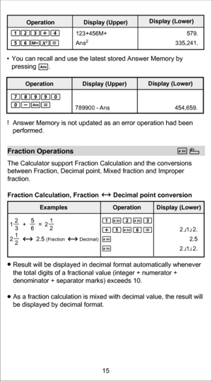 Page 15.
9
7
5
 
+
M
6
5
4
+
3
2
1
 
 
 
 
 
 
 
 
 
 
 
 
 
 
 
s
n
A
 
 
 2.
1
4
2
,
5
3
3
 
 
   You can recall and use the latest stored Answer Memory by 
pressing       .   
!  Answer Memory is not updated as an error operation had been
performed. 
.
9
5
6
,
4
5
4
 
s
n
A
 
-
 
0
0
9
9
8
7
 
 
 
 
 
 
 
 
 
 
 
Fraction Operations
The Calculator support Fraction Calculation and the conversions
between Fraction, Decimal point, Mixed fraction and Improper 
fraction. 
Fraction Calculation, Fraction...