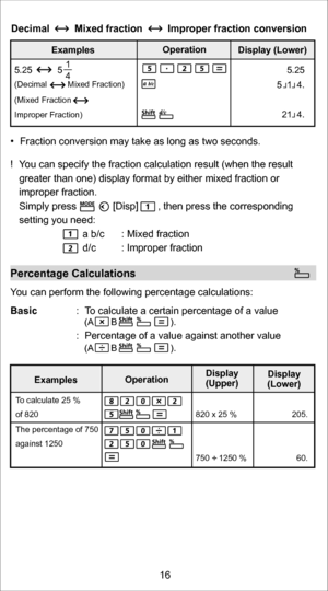 Page 16(Decimal         Mixed Fraction)5
2
.
5
 
 
 
 
 
 
 
 
 
 
 
5
 
 
 
 
 
 
 
 
 
5
2
.
5 .
4
 
 
1
 
 
5
 
 (Mixed Fraction  
Improper Fraction).
4
 
 
1
2
 
 
 
 
 
 
Decimal         Mixed fraction         Improper fraction conversion
1
4
   Fraction conversion may take as long as two seconds. 
!  You can specify the fraction calculation result (when the result 
greater than one) display format by either mixed fraction or 
improper fraction. 
  Simply press             [Disp]       , then press the...