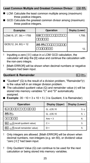 Page 25 
.
3
0
1
,
5
3
(
r
.
.
.
Q
 Q
 
 
.
5
0
1
,
5
3
(
r
.
.
.
Qr
 
 
 
.
6
3
 
+
 
s
n
A
 
.
3
=
 
C
)
e
u
l
a
v
 
t
n
e
i
t
o
u
q
 
l
l
a
c
e
r
(
 
 
.
5
=
 
D
)
e
u
l
a
v
 
r
e
d
n
i
a
m
e
r
 
l
l
a
c
e
r
(
OperationDisplay (Lower)
Display (Upper)
Least Common Multiple and Greatest Common Divisor
LCM: Calculate the least common multiple among (maximum) 
three positive integers.
GCD: Calculate the greatest common divisor among (maximum) 
three positive integers.
Quotient & Remainder
! Inputting a zero [ 0...