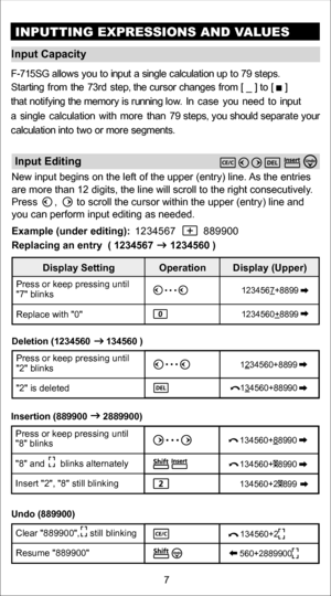 Page 7Input Capacity 
INPUTTING EXPRESSIONS AND VAL UES
Input EditingNew input begins on the left of the upper (entry) line.  As the entries 
are more than 12 digits, the line will scroll to the right consecutivel y.
Press      ,       to scroll the cursor within the upper (entry) line \
and 
you can perform input editing as needed. 
Example (under editing): 
Replacing an entry  ( 1234567       1234560 ) 
Press or keep pressing until  
 
 
 
s
k
n
i
l
b
 

7

Replace with 0      
)
r
e
p
p
U
(
 
y
a
l
p
s
i
D...