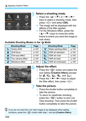 Page 102v Applying Creative Filters
102
5Select a shooting mode.
Press the   or   
keys to select a shooting mode, then 
press <
0> and select [OK].
The image will be displayed with the 
effects of the filter applied.
For the Miniature effect, press the 
<
W>  keys to move the white 
frame to where you want the image to 
look sharp.
Available Shooting Modes in the  v Mode
6Adjust the effect.
Press the  button and select the 
icon below [
Creative filters] (except 
for c, A, B, C, and D).
Press the   keys to...