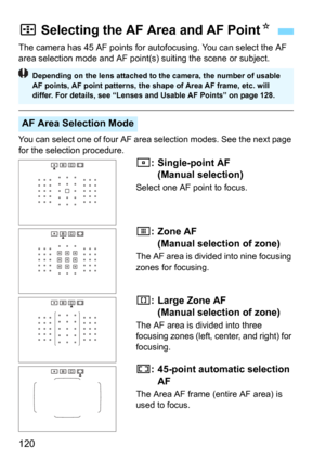 Page 120120
The camera has 45 AF points for autofocusing. You can select the AF 
area selection mode and AF point(s) suiting the scene or subject.
You can select one of four AF area selection modes. See the next page 
for the selection procedure.
E:Single-point AF 
(Manual selection)
Select one AF point to focus.
F :Zone AF 
(Manual selection of zone)
The AF area is divided into nine focusing 
zones for focusing.
G : Large Zone AF 
(Manual selection of zone)
The AF area is divided into three 
focusing zones...