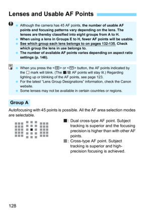 Page 128128
Autofocusing with 45 points is possible. All the AF area selection modes 
are selectable.
: Dual cross-type AF point. Subject tracking is superior and the focusing 
precision is higher than with other AF 
points.
: Cross-type AF point. Subject 
tracking is superior and high-
precision focusing is achieved.
Lenses and Usable AF Points
Group A
 Although the camera has 45 AF points,  the number of usable AF 
points and focusing patterns vary depending on the lens. The 
lenses are thereby classified...