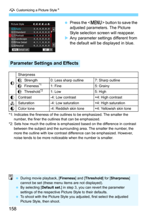 Page 158A Customizing a Picture StyleN
158
Press the  button to save the 
adjusted parameters. The Picture 
Style selection screen will reappear.
Any parameter settings different from 
the default will be  displayed in blue.
*1: Indicates the fineness of the outli nes to be emphasized. The smaller the 
number, the finer the outlines that can be emphasized.
*2: Sets how much the outline is emphasized based on the difference in contrast 
between the subject and the surrounding area. The smaller the number, the...