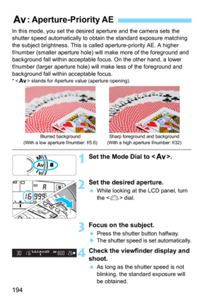 Page 194194
In this mode, you set the desired aperture and the camera sets the 
shutter speed automatically to obtain the standard exposure matching 
the subject brightness. This is called aperture-priority AE. A higher 
f/number (smaller aperture hole) will make more of the foreground and 
background fall within acceptable focus. On the other hand, a lower 
f/number (larger aperture hole) will make less of the foreground and 
background fall within acceptable focus.
* < f > stands for Aperture value (aperture...
