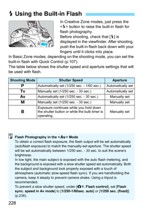 Page 228228
In Creative Zone modes, just press the 
 button to raise the built-in flash for 
flash photography.
Before shooting, check that [
D] is 
displayed in the viewfinder. After shooting, 
push the built-in flash  back down with your 
fingers until it clicks into place.
In Basic Zone modes, depending on the  shooting mode, you can set the 
built-in flash with Quick Control (p.107).
The table below shows the shutter s peed and aperture settings that will 
be used with flash.
D  Using the Built-in Flash...