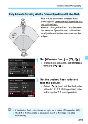 Page 249249
Wireless Flash PhotographyN
This is fully automatic wireless flash 
shooting with one external Speedlite and 
the built-in flash.You can change the flash ratio between 
the external Speedlite and built-in flash 
to adjust how the shadows cast on the 
subject.
1Set [Wireless func.] to [0:3 ].
In step 5 on page 248, set [Wireless 
func.
] to [0:3].
2Set the desired flash ratio and 
take the picture.
Select [1:2] and set the flash ratio 
within 8:1 to 1:1. Setting a flash ratio 
to the right of 1:1 is...
