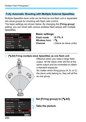 Page 250Wireless Flash PhotographyN
250
Multiple Speedlite slave units can be fired as one flash unit or separated 
into slave groups for shooti ng with flash ratio control.
The basic settings are shown below. By changing the [
Firing group] 
setting, you can shoot with various wi reless flash setups with multiple 
Speedlites.
Basic settings:
Flash mode : E-TTL II
Wireless func. :0
Channel : (Same as slave units)
[1All] Firing multiple slave Speedlites as one flash unit
Effective when you need a large flash...