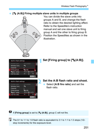 Page 251251
Wireless Flash PhotographyN
[1 (A:B)] Firing multiple slave units in multiple groups
You can divide the slave units into 
groups A and B, and change the flash 
ratio to obtain the desired lighting effect.
Refer to the Speedlite’s instruction 
manual and set one slave unit to firing 
group A and the other to firing group B. 
Position the Speedlites as shown in the 
illustration.
 1Set [Firing group] to [1(A:B)].
2Set the A:B flash  ratio and shoot.
Select [A:B fire ratio] and set the 
flash ratio.
A...