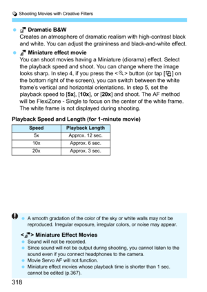 Page 318v Shooting Movies with Creative Filters
318
n Dramatic B&W
Creates an atmosphere of dramatic r ealism with high-contrast black 
and white. You can adjust the graininess and black-and-white effect.
 o Miniature effect movie
You can shoot movies having a Miniature (diorama) effect. Select 
the playback speed and shoot. You can change where the image 
looks sharp. In step 4, if you press the <
u> button (or tap [T] on 
the bottom right of the screen),  you can switch between the white 
frame’s vertical...