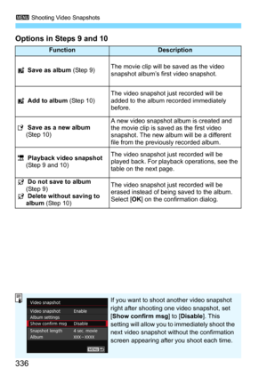 Page 3363 Shooting Video Snapshots
336
Options in Steps 9 and 10
FunctionDescription
J  Save as album  (Step 9)The movie clip will be saved as the video 
snapshot album’s first video snapshot.
J  Add to album  (Step 10) The video snapshot just
 recorded will be 
added to the album recorded immediately 
before.
W  Save as a new album 
(Step 10) A new video snapshot album is created and 
the movie clip is saved as the first video 
snapshot. The new album will be a different 
file from the previously recorded...