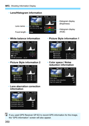 Page 350B: Shooting Information Display
350
•Lens/Histogram information
Histogram display
(Brightness)
Lens name
Focal length Histogram display
(RGB)
•White balance information•Picture Style information 1
• Color space / Noise 
reduction in formation
•Lens aberration correction 
information
•Picture Style information 2
If you used GPS Receiver GP-E2 to record GPS information for the image, 
the “GPS information” screen will also appear. 