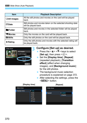 Page 3703 Slide Show (Auto Playback)
370
3Configure [Set up] as desired.
Press the   keys to select 
[
Set up], then press .Set the [Display time], [Repeat] 
(repeated playback), [
Transition 
effect
] (effect when changing 
images), and [Background music] 
for the still photos.
The background music selection 
procedure is explained on page 372.
After selecting the settings, press the 
<
M> button.
ItemPlayback Description
j All images All the still photos and movies on the card will be played 
back.
i Date...