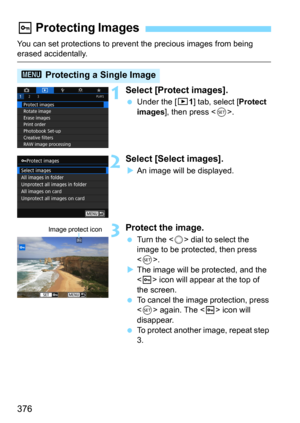 Page 376376
You can set protections to prevent the precious images from being erased accidentally.
1Select [Protect images].
Under the [31] tab, select [Protect 
images
], then press .
2Select [Select images].
An image will be displayed.
3Protect the image.
Turn the  dial to select the 
image to be protected, then press 
<
0>.
The image will be protected, and the 
 icon will appear at the top of 
the screen.
To cancel the image protection, press 
 again. The  icon will 
disappear.
To protect another image,...