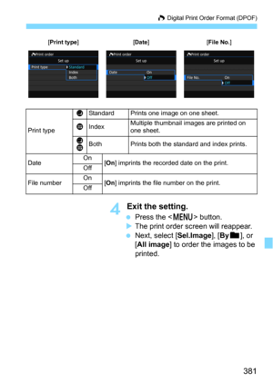 Page 381381
W Digital Print Order Format (DPOF)
4 Exit the setting.
Press the  button.The print order screen will reappear.
Next, select [Sel.Image], [Byn], or 
[
All image] to order the images to be 
printed.
Print type K
Standard Prints one image on one sheet.LIndexMultiple thumbnail images are printed on 
one sheet.
K
LBothPrints both the standard and index prints.
Date On
[On ] imprints the recorded date on the print.
Off
File numberOn[On ] imprints the file number on the print.
Off
[Print...