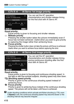 Page 4183 Custom Function SettingsN
418
C.Fn II -4 AI Servo 1st image priority
You can set the AF operation 
characteristics and shutter-release timing 
for the first shot with AI Servo AF.
Equal priority:Equal priority is given to focusing and shutter release.s:Release priorityPressing the shutter button takes  the picture immediately even if 
focus has not been achieved. Useful  when you want to give priority 
to capturing the image rat her than achieving focus.
t:Focus priorityPressing the shutter button does...