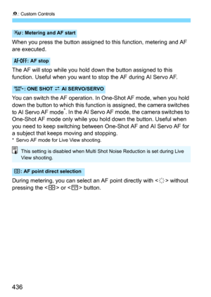 Page 4368: Custom Controls
436
When you press the button assigned to this function, metering and AF 
are executed.
The AF will stop while you hold down the button assigned to this 
function. Useful when you want to  stop the AF during AI Servo AF.
You can switch the AF operation. In One-Shot AF mode, when you hold 
down the button to which this functi on is assigned, the camera switches 
to AI Servo AF mode
*. In the AI Servo AF mode, the camera switches to 
One-Shot AF mode only while you hold down the button....