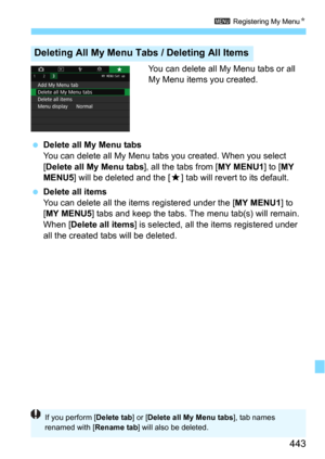 Page 443443
3 Registering My MenuN
You can delete all My Menu tabs or all 
My Menu items you created.
Delete all My Menu tabs
You can delete all My Menu tabs you created. When you select 
[Delete all My Menu tabs], all the tabs from [MY MENU1] to [MY 
MENU5
] will be deleted and the [9] tab will revert to its default.
Delete all items
You can delete all the items registered under the [MY MENU1] to 
[MY MENU5] tabs and keep the tabs. The menu tab(s) will remain. 
When [
Delete all items] is selected, all the...