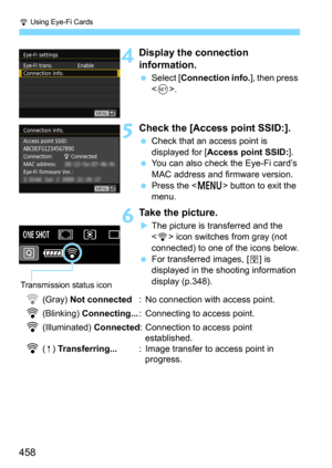 Page 458H Using Eye-Fi Cards
458
4Display the connection 
information.
Select [Connection info.], then press 
<
0>.
5Check the [Access point SSID:].
Check that an access point is 
displayed for [
Access point SSID:].
You can also check the Eye-Fi card’s 
MAC address and firmware version.
Press the  button to exit the 
menu.
6Take the picture.
The picture is transferred and the 
<
H> icon switches from gray (not 
connected) to one of the icons below.
For transferred images, [O] is 
displayed in the shooting...