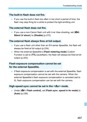 Page 487487
Troubleshooting Guide
If you use the built-in flash too often in too short a period of time, the 
flash may stop firing for a while to protect the light-emitting unit.
 If you use a non-Canon flash unit with Live View shooting, set [ z6: 
Silent LV shoot. ] to [Disable ] (p.272).
 If you use a flash unit other than an EX-series Speedlite, the flash will 
always be fired at full output (p.234).
 When the external Speedlite’s [ Flash metering mode] Custom 
Function is set to [ TTL] (autoflash), the...