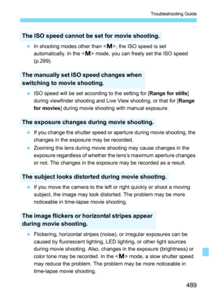 Page 489489
Troubleshooting Guide
In shooting modes other than < a>, the ISO speed is set 
automatically. In the < a> mode, you can freely set the ISO speed 
(p.299).
 ISO speed will be set according to the setting for [ Range for stills] 
during viewfinder shooting and Live View shooting, or that for [ Range 
for movies ] during movie shooting with manual exposure.
 If you change the shutter speed or aperture during movie shooting, the 
changes in the exposure may be recorded.
 Zooming the lens during movie...