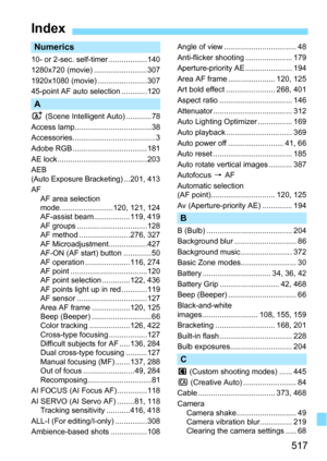 Page 517517
Index
Numerics
10- or 2-sec. self-timer ..................140
1280x720 (movie) .........................307
1920x1080 (movie) .......................307
45-point AF auto selection ............120
A
A (Scene Intelligent  Auto) ............78
Access lamp.................................... 38
Accessories.......................................3
Adobe RGB ...................................181
AE lock ..........................................203
AEB 
(Auto Exposure Bracketing)...201, 413
AF AF area...