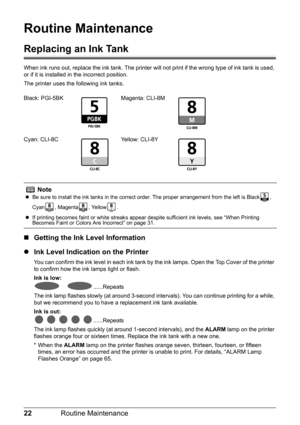 Page 2622Routine Maintenance
Routine Maintenance
Replacing an Ink Tank
When ink runs out, replace the ink tank. The printer wi ll not print if the wrong type of ink tank is used, 
or if it is installed in the incorrect position.
The printer uses the following ink tanks.
„ Getting the Ink Level Information
z Ink Level Indication on the Printer
You can confirm the ink level in each ink tank by the ink lamps. Open the Top Cover of the printer 
to confirm how the ink lamps light or flash.
Ink is low:...