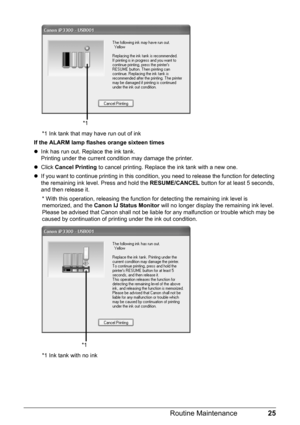 Page 2925
Routine Maintenance
*1 Ink tank that may have run out of ink
If the ALARM lamp flashes orange sixteen times
z Ink has run out. Replace the ink tank.
Printing under the current condition may damage the printer.
z Click  Cancel Printing  to cancel printing. Replace the ink tank with a new one.
z If you want to continue printing in this condit ion, you need to release the function for detecting 
the remaining ink level. Press and hold the  RESUME/CANCEL button for at least 5 seconds, 
and then release...