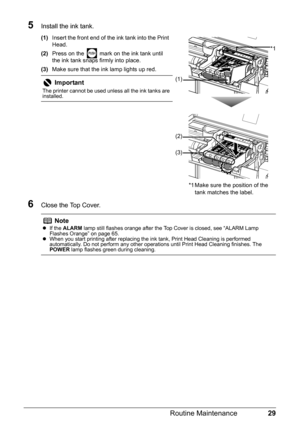 Page 3329
Routine Maintenance
5Install the ink tank.
(1) Insert the front end of the ink tank into the Print 
Head.
(2) Press on the   mark on the ink tank until 
the ink tank snaps firmly into place.
(3) Make sure that the ink lamp lights up red.
6Close the Top Cover.
Important
The printer cannot be used unless all the ink tanks are 
installed.
Note
zIf the  ALARM  lamp still flashes orange after the Top Cover is closed, see “ALARM Lamp 
Flashes Orange” on page 65.
z When you start printing after replacing the...