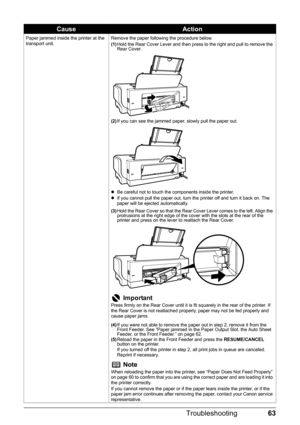 Page 6763
Troubleshooting
Paper jammed inside the printer at the 
transport unit. Remove the paper following the procedure below.
(1)
Hold the Rear Cover Lever and then press to the right and pull to remove the 
Rear Cover.
(2) If you can see the jammed paper, slowly pull the paper out.
z Be careful not to touch the components inside the printer.
z If you cannot pull the paper out, turn the printer off and turn it back on. The 
paper will be ejected automatically.
(3) Hold the Rear Cover so that the Rear Cover...