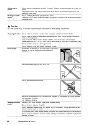 Page 8278Safety Precautions
Maintaining the 
printer Do not attempt to disassemble or modify the printer. There are no user serviceable parts inside the 
printer.
The printer contains high-voltage components. Never attempt any maintenance procedure not 
described in this guide.
Working around the 
printer Do not use highly flammable sprays near the printer.
This could cause a fire or electric shock if the spray comes into contact with electrical components 
inside the printer.
Caution
You may cause injury or...