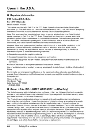 Page 8480Safety Precautions
Users in the U.S.A. 
„Regulatory Information
FCC Notice (U.S.A. Only)
For 120V, 60Hz model
Model Number: K10280
This device complies with Part 15 of the FCC Ru les. Operation is subject to the following two 
conditions: (1) This device may not cause harmful in terference, and (2) this device must accept any 
interference received, including interf erence that may cause undesired operation.
Note: This equipment has been tested and found to comply with the limits for a Class B digital...