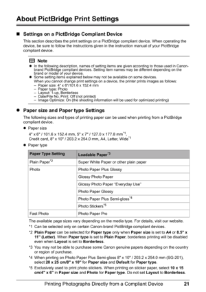 Page 2521
Printing Photographs Direct ly from a Compliant Device
About PictBridge Print Settings
„Settings on a PictBridge Compliant Device
This section describes the print settings on a  PictBridge compliant device. When operating the 
device, be sure to follow the instructions giv en in the instruction manual of your PictBridge 
compliant device.
z Paper size and Paper type Settings
The following sizes and types of printing paper  can be used when printing from a PictBridge 
compliant device.
z Paper size
4 x...