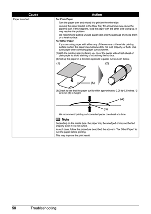 Page 6258Troubleshooting
Paper is curled. For Plain Paper
Turn the paper over and reload it to print on the other side.
Leaving the paper loaded in the Rear Tray for a long time may cause the 
paper to curl. If this happens, load the paper with the other side facing up. It 
may resolve the problem.
We recommend putting unused paper back into the package and keep them 
on a level surface.
For Other Paper If you are using paper with either any of the corners or the whole printing 
surface curled, the paper may...