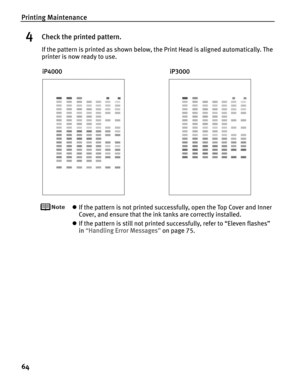 Page 68Printing Maintenance
64
4Check the printed pattern.
If the pattern is printed as shown below, the Print Head is aligned automatically. The 
printer is now ready to use.
zIf the pattern is not printed successfully, open the Top Cover and Inner 
Cover, and ensure that the ink tanks are correctly installed.
zIf the pattern is still not printed successfully, refer to “Eleven flashes” 
in“H
Handling Error Messages”on page 75.
iP4000iP3000 