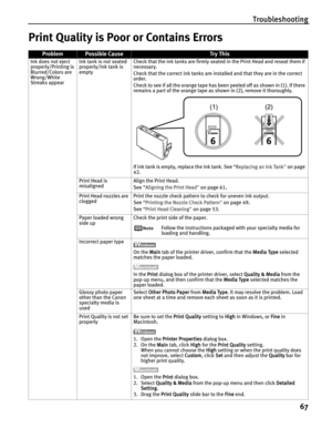 Page 71Troubleshooting
67
Print Quality is Poor or Contains Errors
ProblemPossible CauseTr y This
Ink does not eject 
properly/Printing is 
Blurred/Colors are 
Wrong/White 
Streaks appearInk tank is not seated 
properly/Ink tank is 
emptyCheck that the ink tanks are firmly seated in the Print Head and reseat them if 
necessary.
Check that the correct ink tanks are installed and that they are in the correct 
order.
Check to see if all the orange tape has been peeled off as shown in (1). If there 
remains a part...