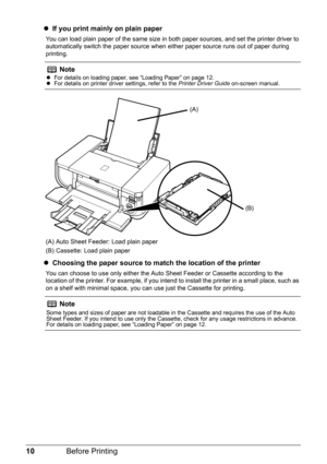 Page 1410Before Printing
zIf you print mainly on plain paper
You can load plain paper of the same size in both paper sources, and set the printer driver to 
automatically switch the paper source when ei ther paper source runs out of paper during 
printing.
(A) Auto Sheet Feeder: Load plain paper
(B) Cassette: Load plain paper
z Choosing the paper source to ma tch the location of the printer
You can choose to use only either the Auto  Sheet Feeder or Cassette according to the 
location of the printer. For...