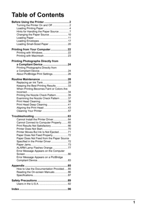 Page 5Table of Contents
1
Before Using the Printer ................................2Turning the Printer On and Off ....................... 2
Loading Printing Paper ................................... 4
Hints for Handling the Paper Source .............. 7
Changing the Paper Source ......................... 10
Loading Paper .............................................. 11
Loading Envelopes ....................................... 17
Loading Small-Sized Paper .......................... 20
Printing from Your...