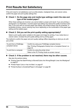 Page 7066Troubleshooting
Print Results Not Satisfactory
If the print result is not satisfactory such as  white streaks, misaligned lines, and uneven colors, 
confirm the paper and print quality settings first.
z Check 1: Do the page size and media type settings match the size and 
type of the loaded paper?
When these settings are incorrect,  you cannot obtain a proper print result. If you are printing a 
photograph or an illustration, incorrect paper type  setting may reduce the quality of printout color....