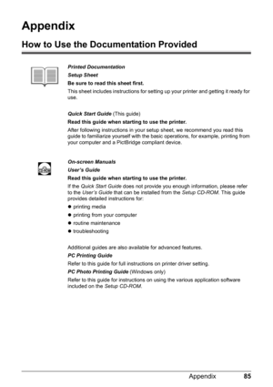 Page 8985
Appendix
Appendix
How to Use the Documentation Provided
Printed Documentation
Setup Sheet
Be sure to read this sheet first.
This sheet includes instruct ions for setting up your printer and getting it ready for 
use.
Quick Start Guide  (This guide)
Read this guide when starting to use the printer.
After following instructions in your  setup sheet, we recommend you read this 
guide to familiarize yourself with the bas ic operations, for example, printing from 
your computer and a PictBridge compliant...