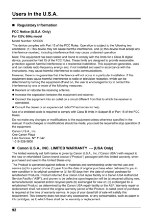 Page 9692
Users in the U.S.A. 
„Regulatory Information
FCC Notice (U.S.A. Only)
For 120V, 60Hz model
Model Number: K10305
This device complies with Part 15 of the FCC Ru les. Operation is subject to the following two 
conditions: (1) This device may not cause harmful in terference, and (2) this device must accept any 
interference received, including interf erence that may cause undesired operation.
Note: This equipment has been tested and found to comply with the limits for a Class B digital 
device, pursuant...